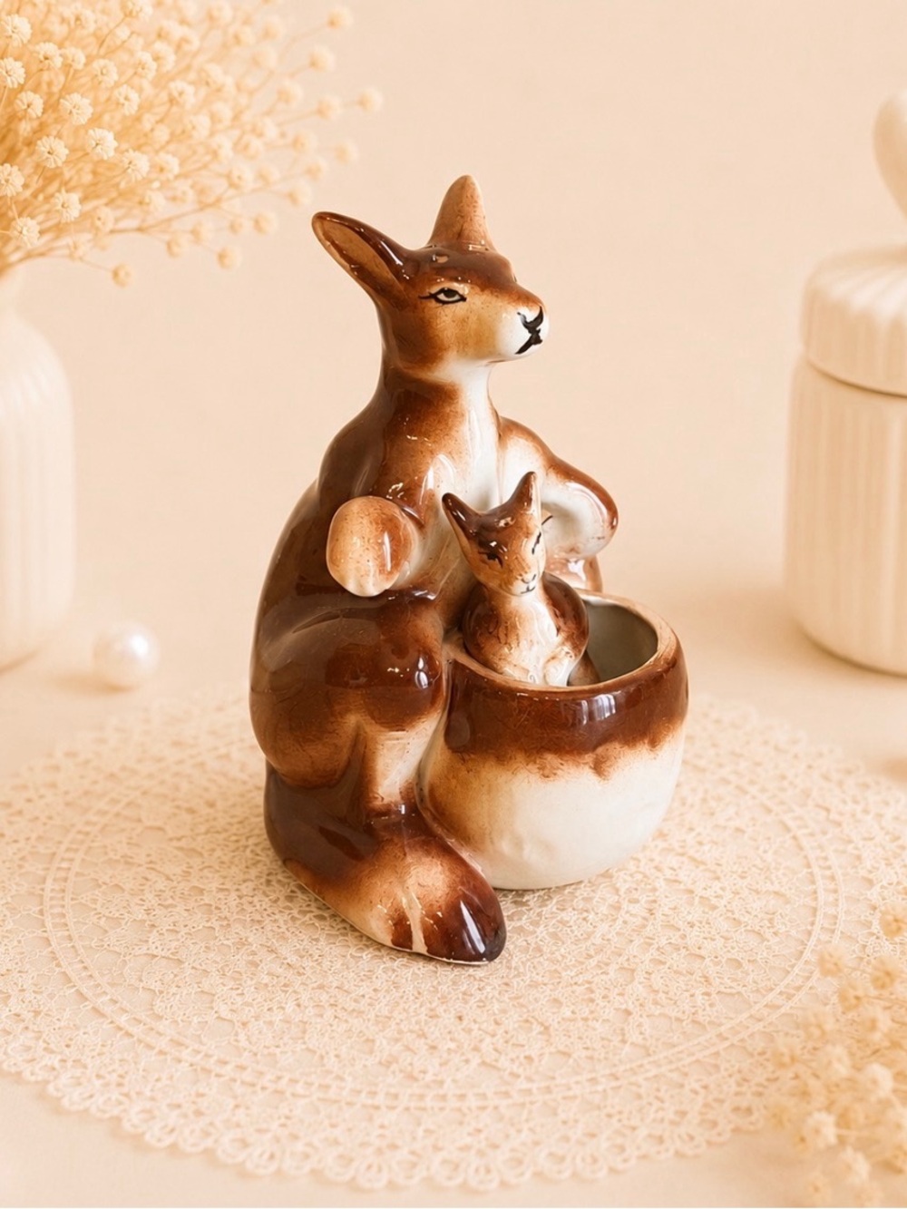 Vintage ceramic kangaroo and joey salt and pepper shaker set